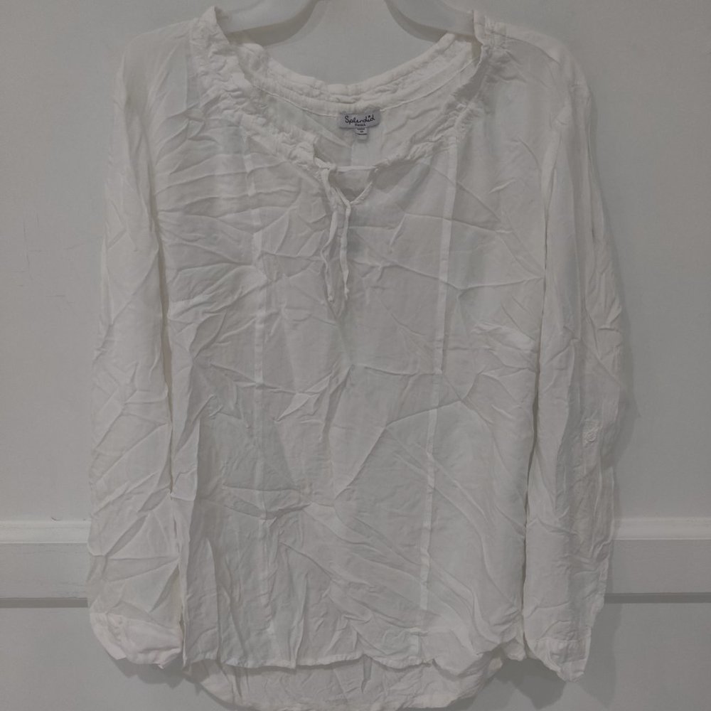 NWT Splendid Women's Cinch Neck Tie Front Roll Tab Top White Sz S $120 3A014